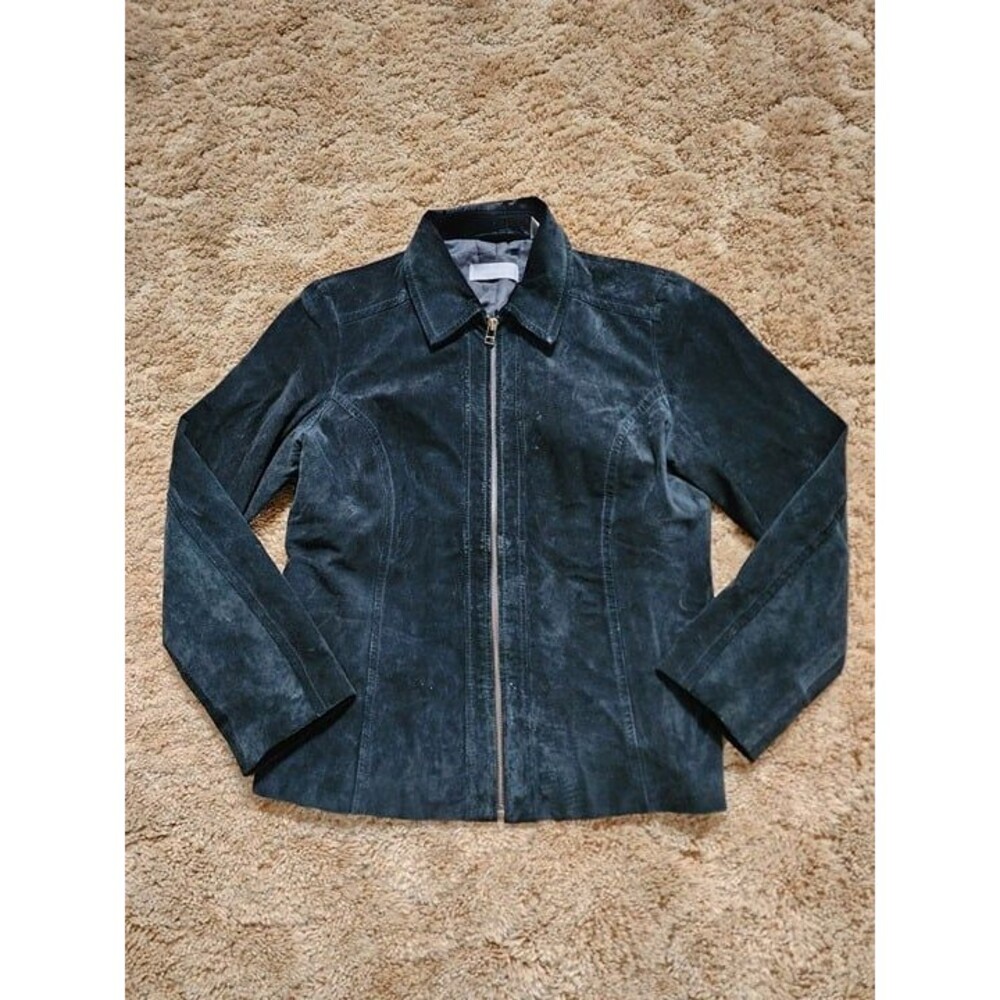 LIZ CLAIBORNE NY Suede Front Zip Jacket Black Size: 12 (Petite)